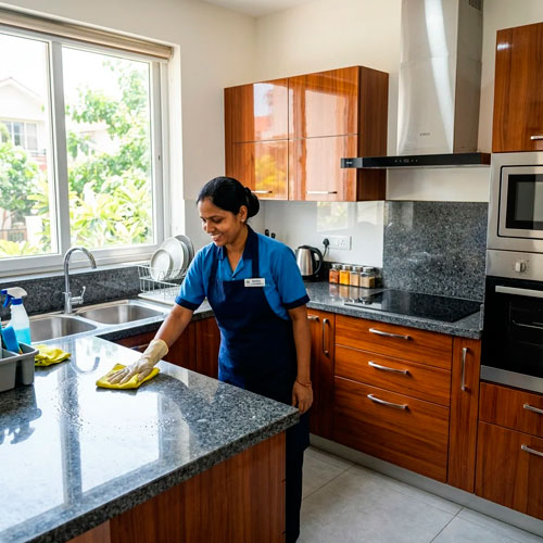 Professional cleaner working in a clean interior